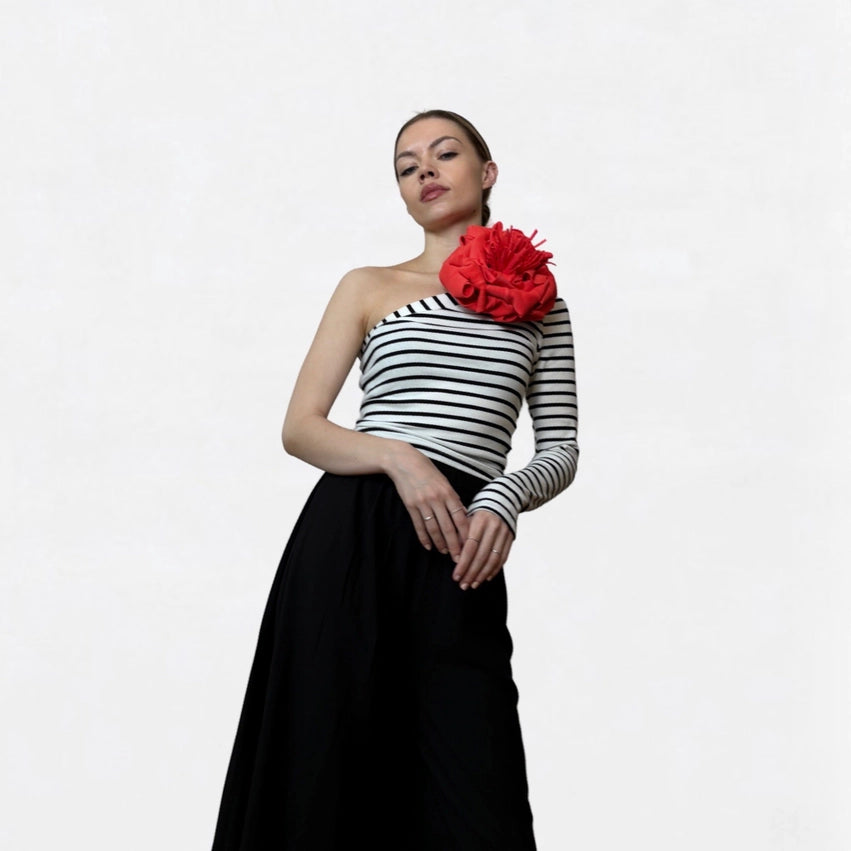 Striped One Sleeve Top with Red Flower Pin-Top-London Atelier Byproduct-S-Urbanheer