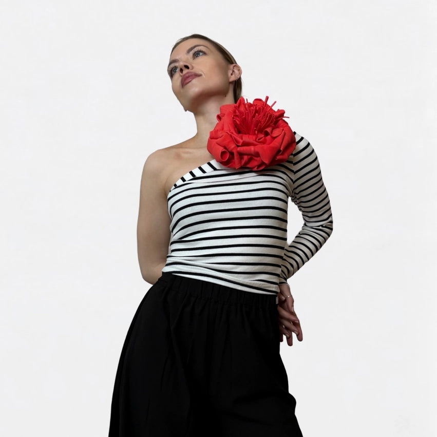 Striped One Sleeve Top with Red Flower Pin-Top-London Atelier Byproduct-S-Urbanheer