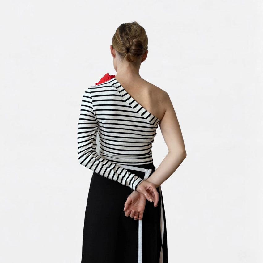 Striped One Sleeve Top with Red Flower Pin-Top-London Atelier Byproduct-S-Urbanheer