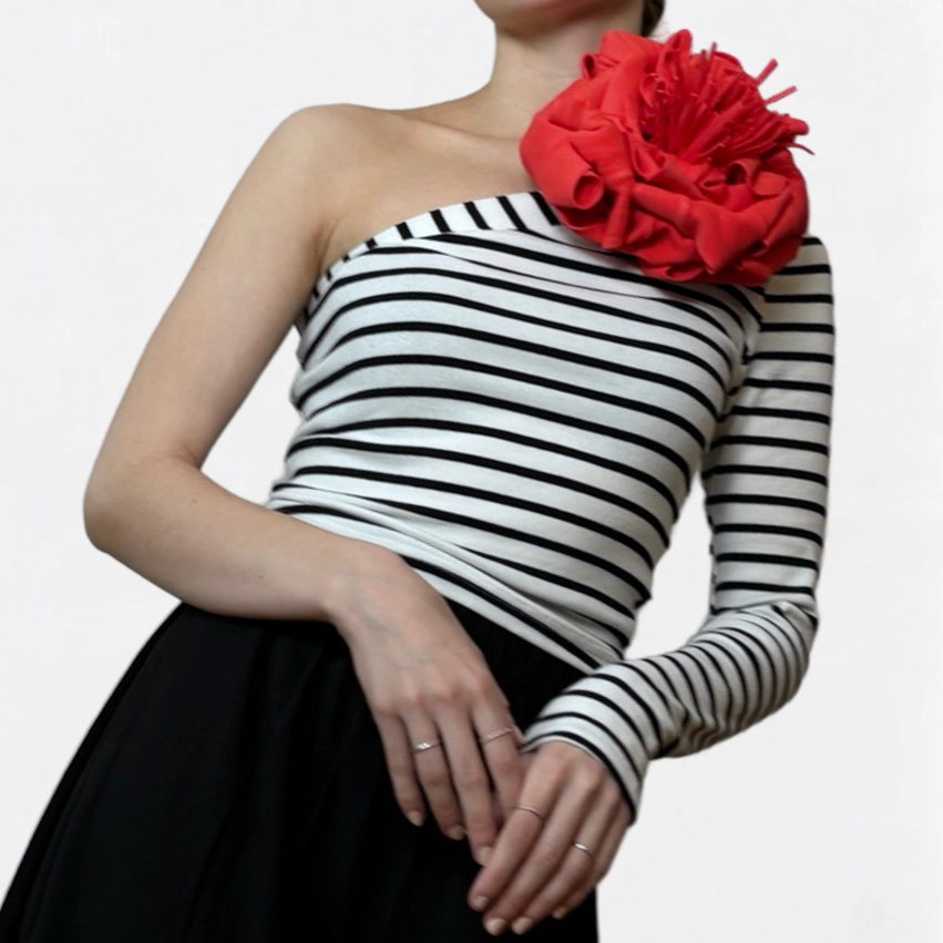 Striped One Sleeve Top with Red Flower Pin-Top-London Atelier Byproduct-S-Urbanheer