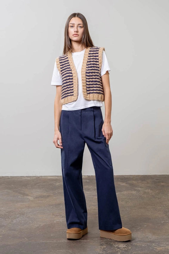 Striped Open Front Crochet Knit Vest-Vest-Moon River-XS-TAUPE-Urbanheer