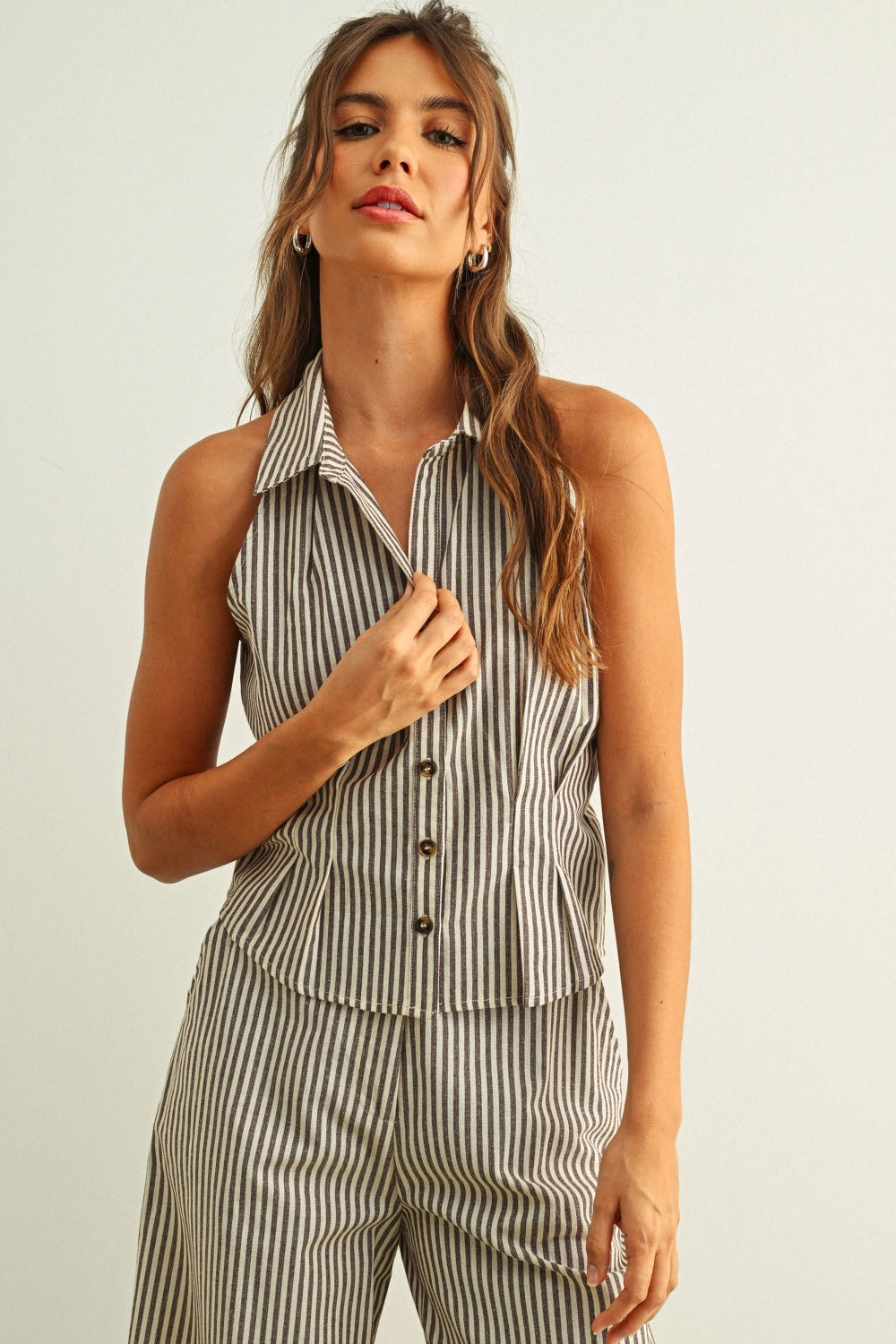 Striped Pattern Collared Blouse | Brown