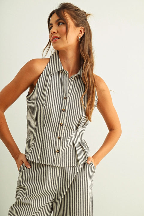 Striped Pattern Collared Blouse | Black