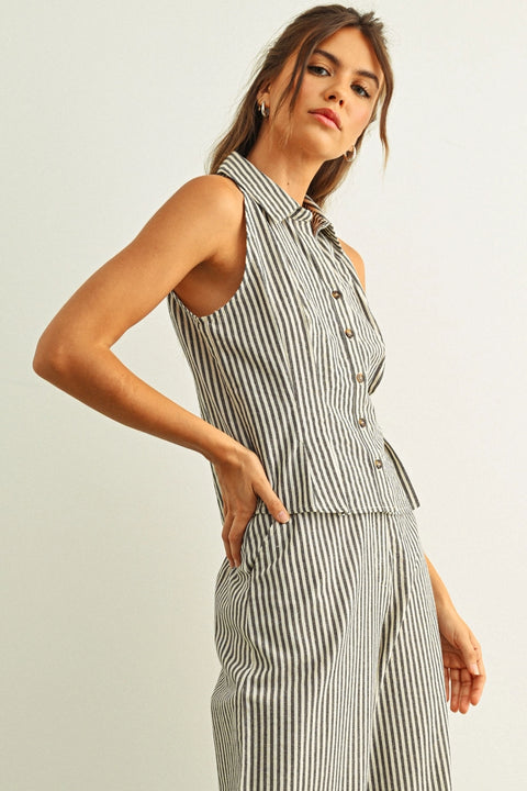 Striped Pattern Collared Blouse | Black