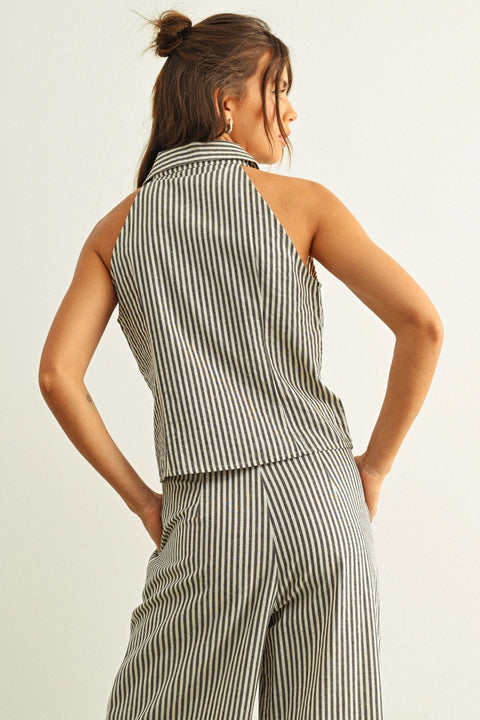 Striped Pattern Collared Blouse | Black
