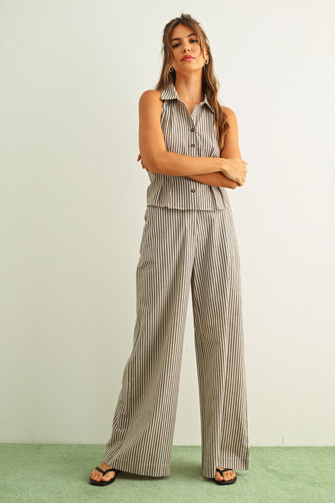 Striped Pattern Wide Leg Trouser | Brown