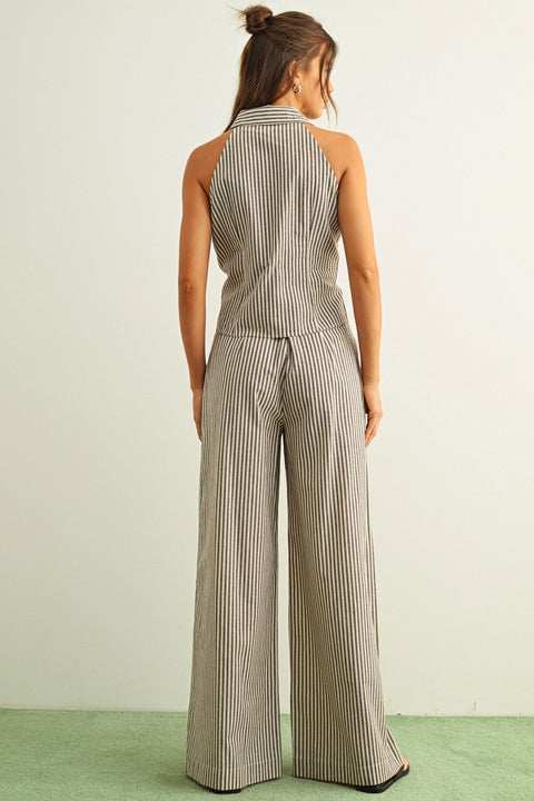 Striped Pattern Wide Leg Trouser | Black