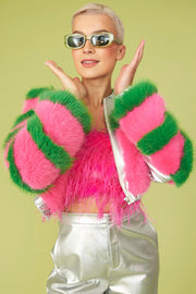 Striped Pink Faux Fur Cropped Bomber Jacket-Jackets & Blazers-Buy Me Fur Ltd-S-M-Pink-Faux Fur-Urbanheer