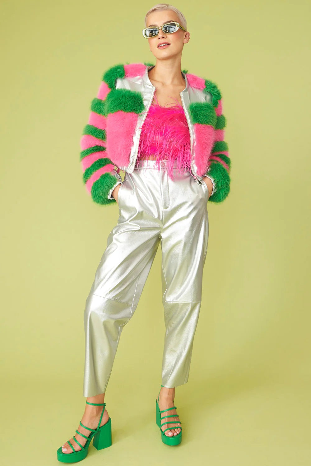 Striped Pink Faux Fur Cropped Bomber Jacket-Jackets & Blazers-Buy Me Fur Ltd-S-M-Pink-Faux Fur-Urbanheer