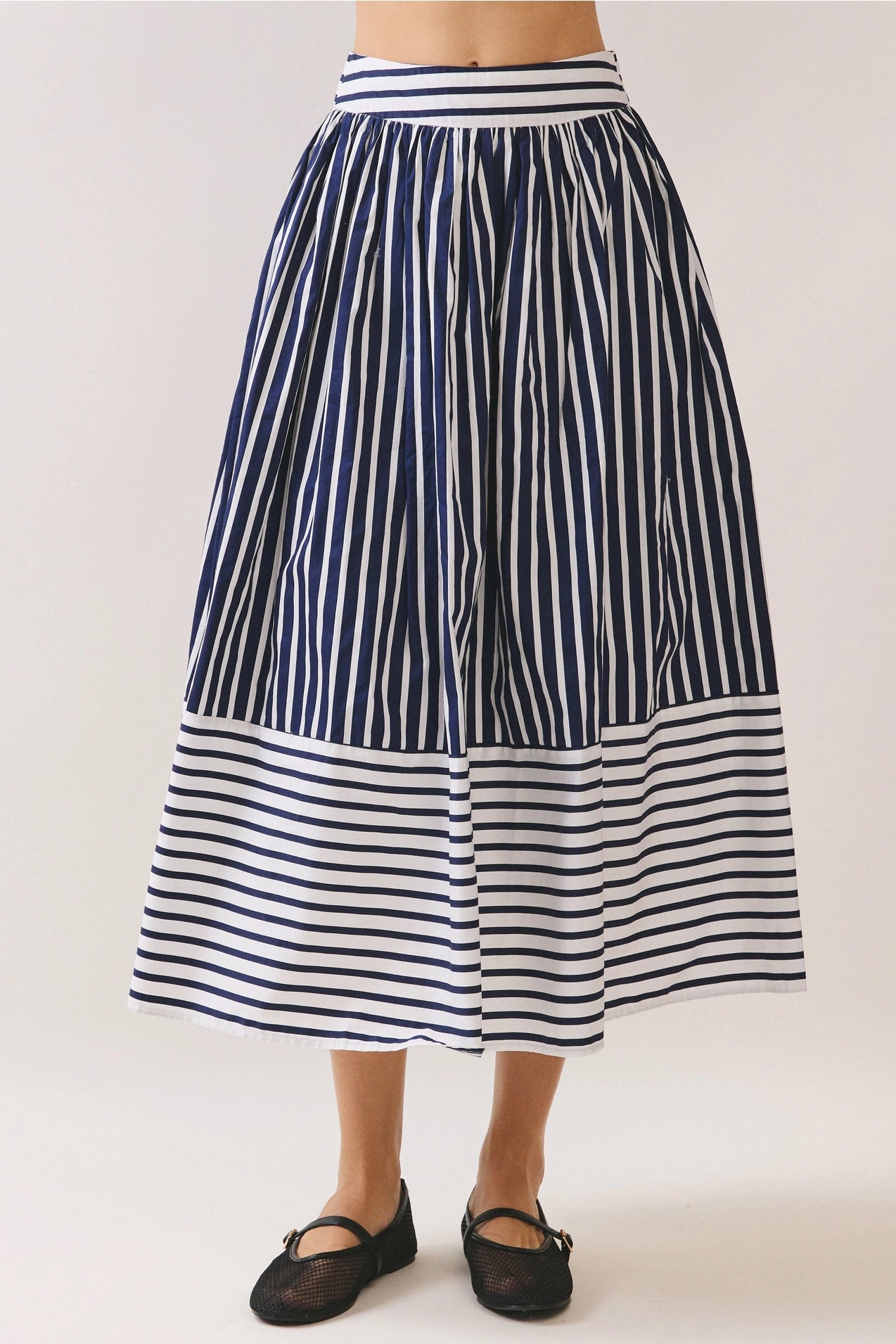 Striped Self Tie Belt High Waist Midi Skirt