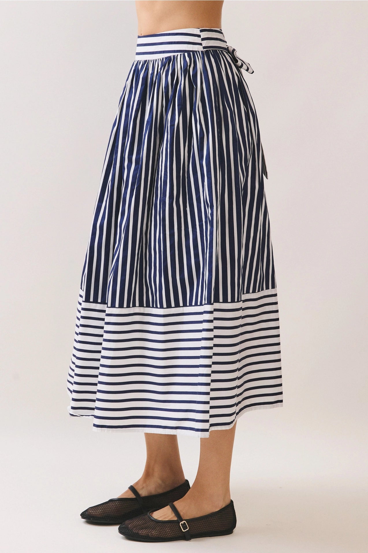 Striped Self Tie Belt High Waist Midi Skirt