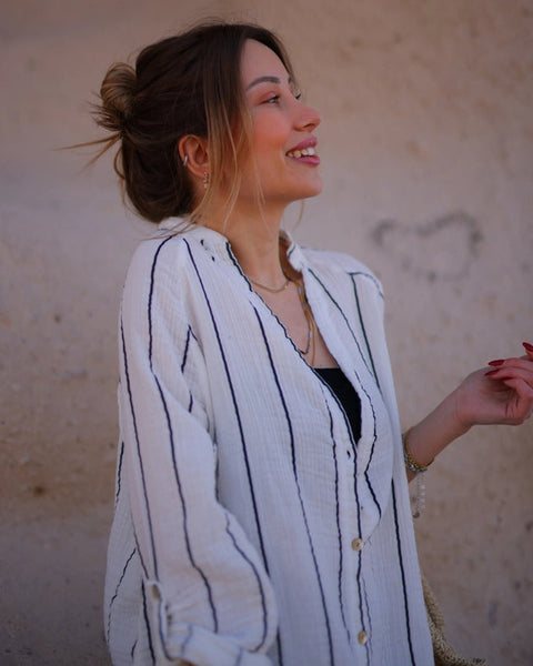 Striped Shirt Dress-Dress-Moa-Bust: 43.5" inches - (110cm) Waist: 47.5" inches- (120cm) Length: 46" inches - (117cm)-Urbanheer