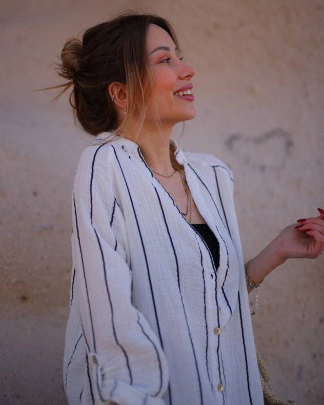 Striped Shirt Dress-Dress-Moa-Bust: 43.5" inches - (110cm) Waist: 47.5" inches- (120cm) Length: 46" inches - (117cm)-Urbanheer