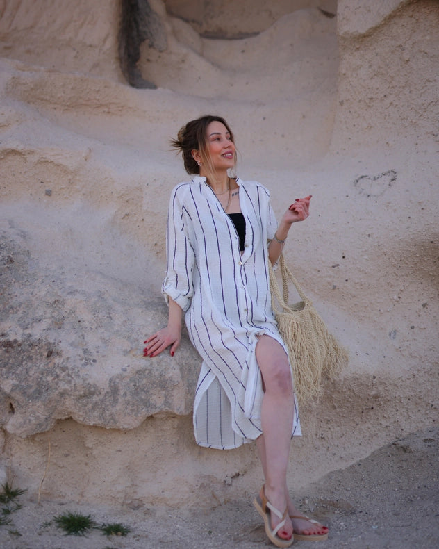 Striped Shirt Dress-Dress-Moa-Bust: 43.5" inches - (110cm) Waist: 47.5" inches- (120cm) Length: 46" inches - (117cm)-Urbanheer