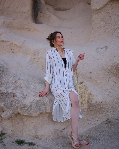 Striped Shirt Dress-Dress-Moa-Bust: 43.5" inches - (110cm) Waist: 47.5" inches- (120cm) Length: 46" inches - (117cm)-Urbanheer