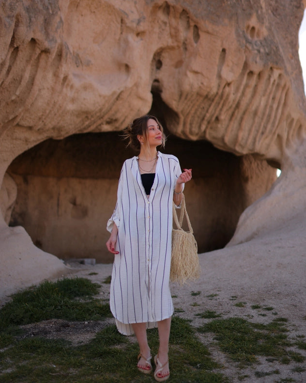 Striped Shirt Dress-Dress-Moa-Bust: 43.5" inches - (110cm) Waist: 47.5" inches- (120cm) Length: 46" inches - (117cm)-Urbanheer