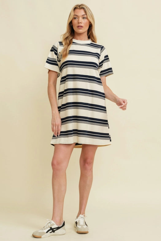 Striped Short Sleeve Midi Dress Navy-Dress-Cloud Ten-S-Navy-Urbanheer