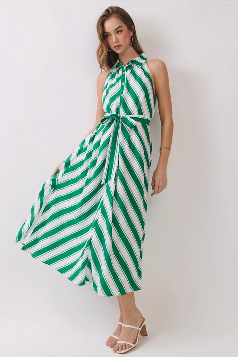 Striped Sleeveless Collared Midi Shirt Dress