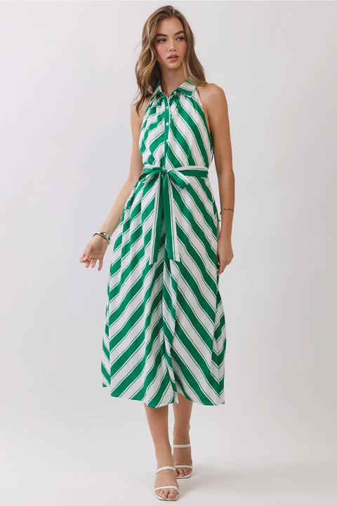 Striped Sleeveless Collared Midi Shirt Dress