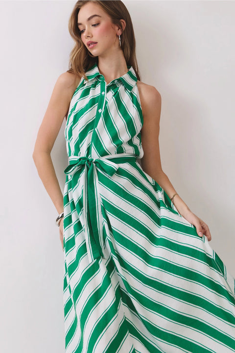 Striped Sleeveless Collared Midi Shirt Dress