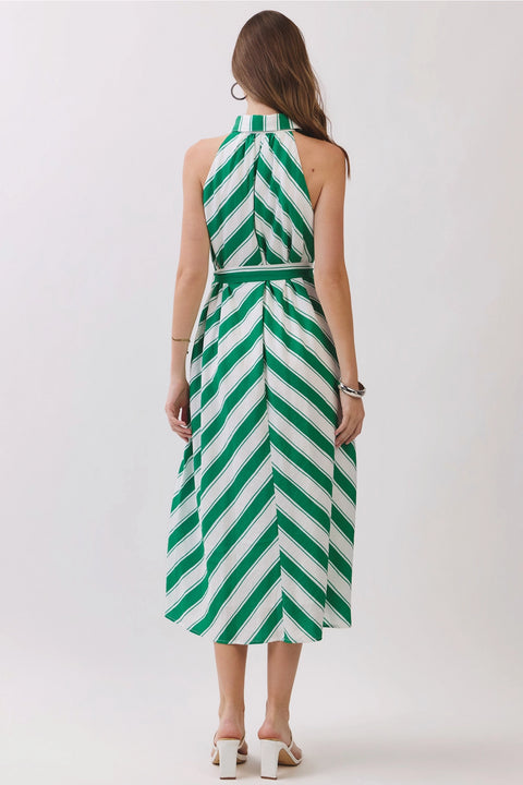 Striped Sleeveless Collared Midi Shirt Dress