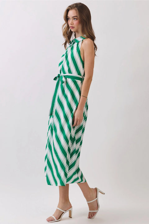 Striped Sleeveless Collared Midi Shirt Dress