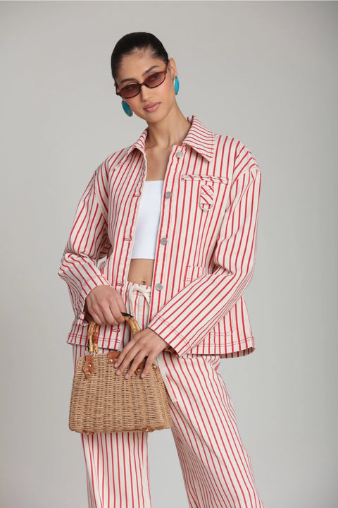 Striped Stretch Cotton Wide Leg Pants