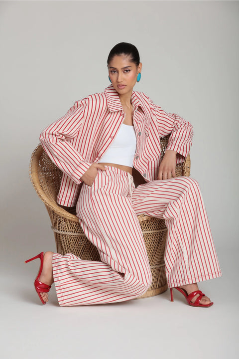 Striped Stretch Cotton Wide Leg Pants