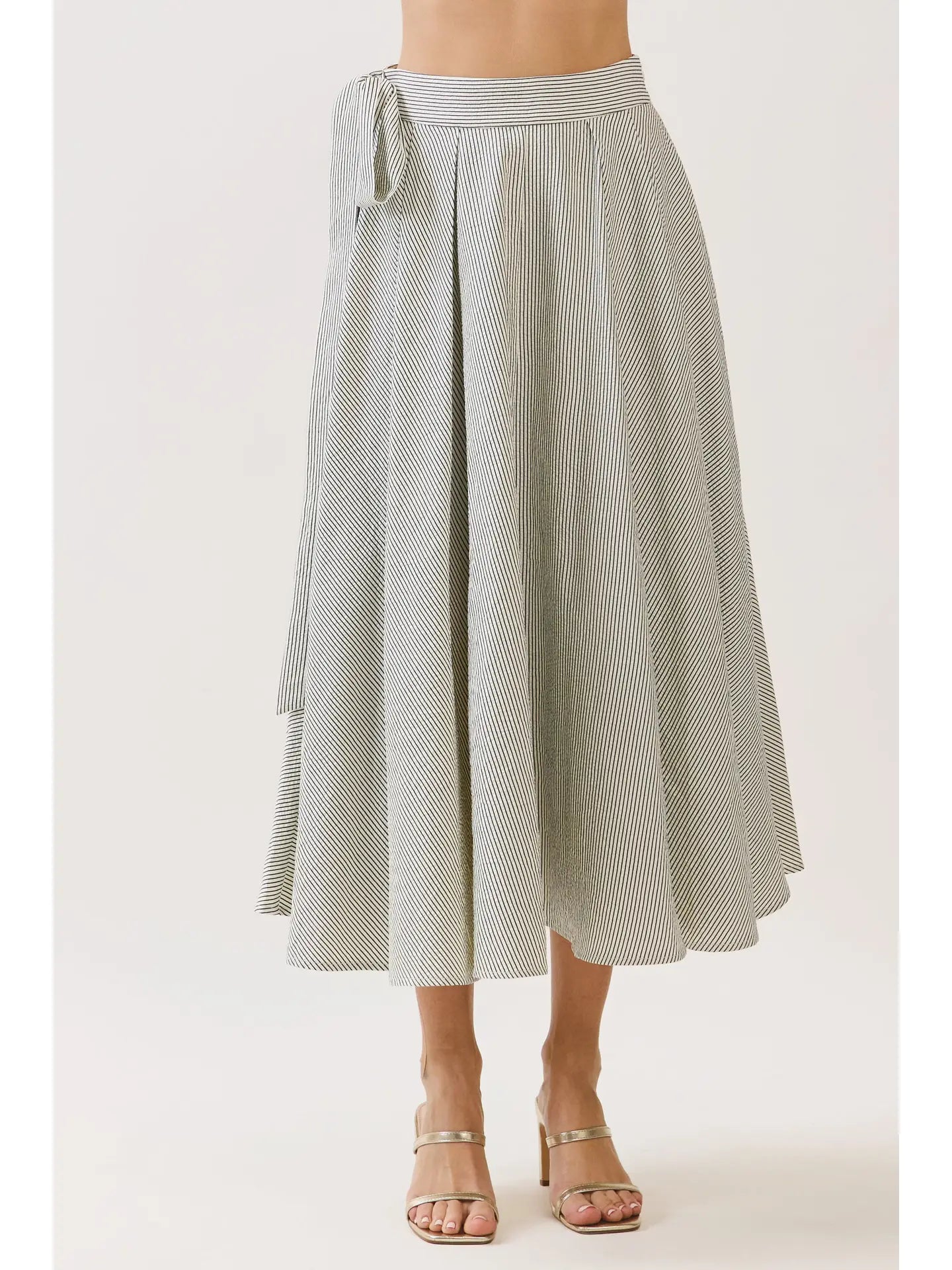 Striped Tie Waist Panelled Midi Skirt Black