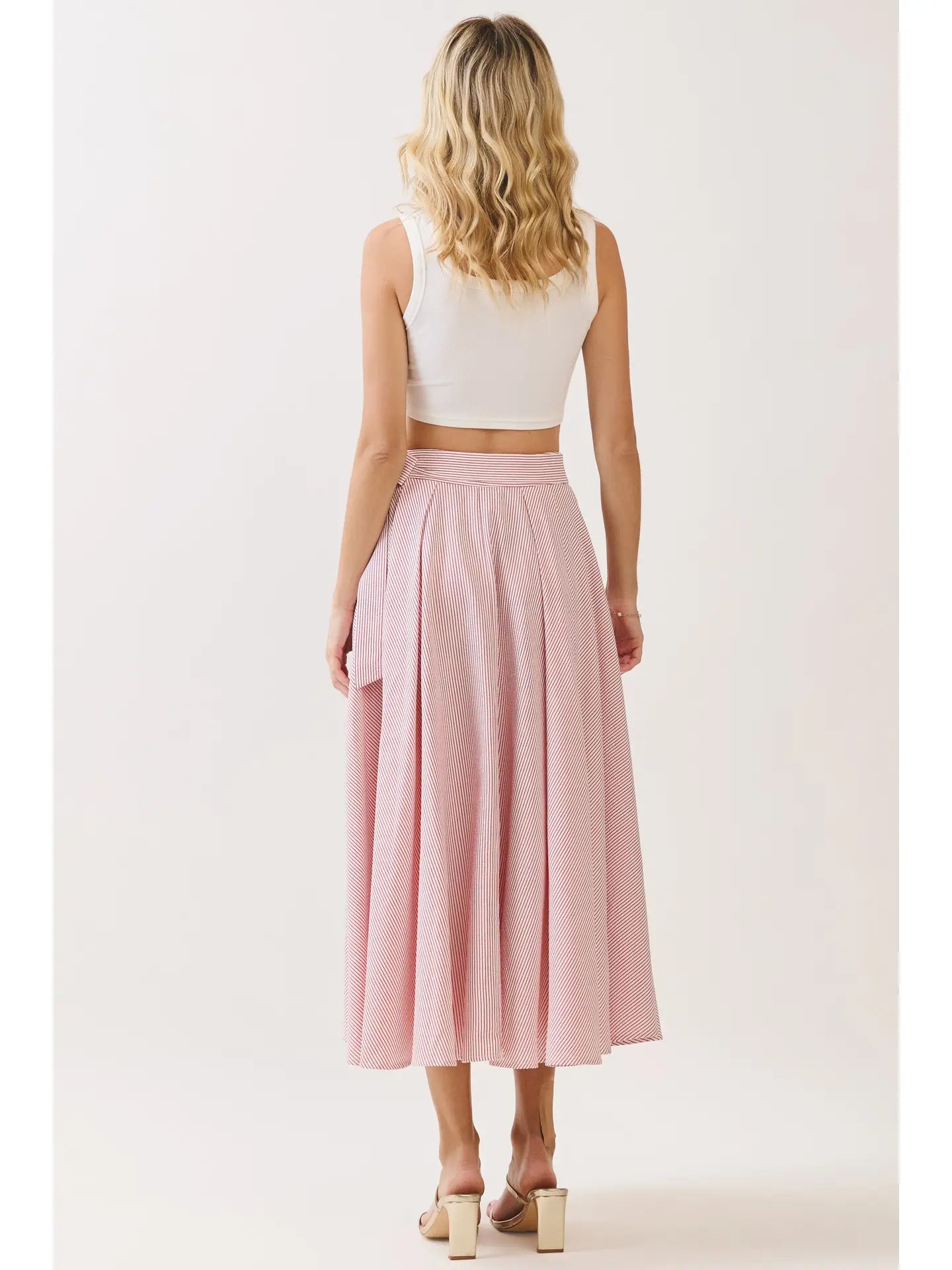 Striped Tie Waist Panelled Midi Skirt - Red