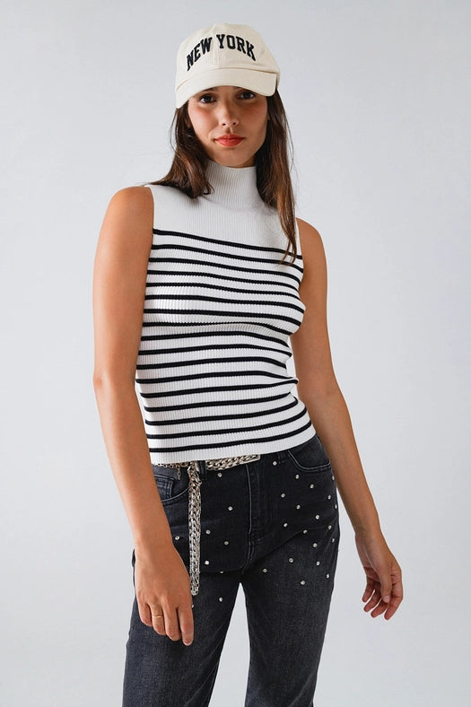 Striped Turtle Neck Tank Top in White-Tank Top-Q2-S-White-Urbanheer