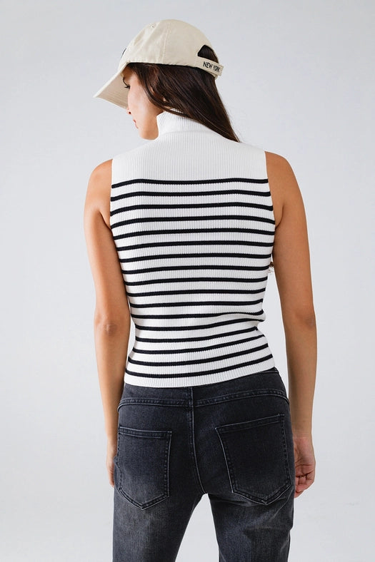 Striped Turtle Neck Tank Top in White-Tank Top-Q2-S-White-Urbanheer