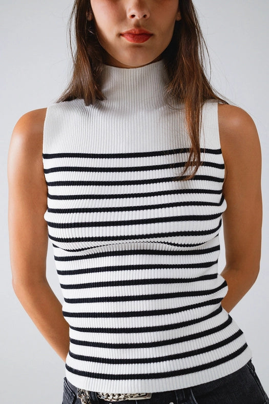 Striped Turtle Neck Tank Top in White-Tank Top-Q2-S-White-Urbanheer