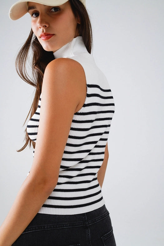 Striped Turtle Neck Tank Top in White-Tank Top-Q2-S-White-Urbanheer