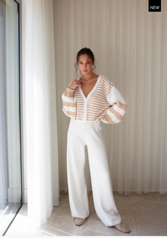 Striped V-Neck Button Front Cardigan Milk/Cream-Cardigan-Nenya Fashion Limited-XS/S-Milk/Cream-Urbanheer