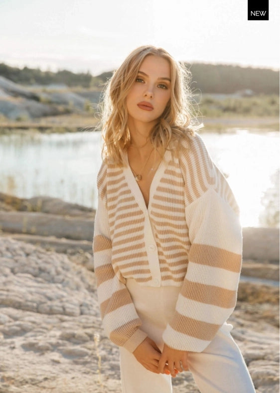 Striped V-Neck Button Front Cardigan Milk/Cream-Cardigan-Nenya Fashion Limited-XS/S-Milk/Cream-Urbanheer