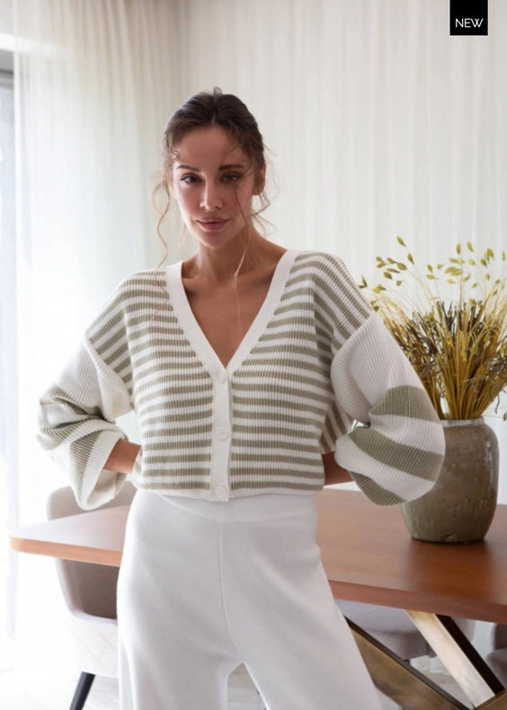 Striped V-Neck Button Front Cardigan Milk/Olive-Cardigan-Nenya Fashion Limited-XS/S-Milk/Olive-Urbanheer
