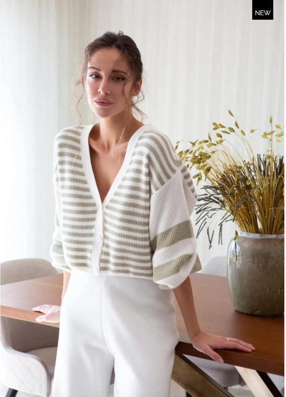 Striped V-Neck Button Front Cardigan Milk/Olive-Cardigan-Nenya Fashion Limited-XS/S-Milk/Olive-Urbanheer