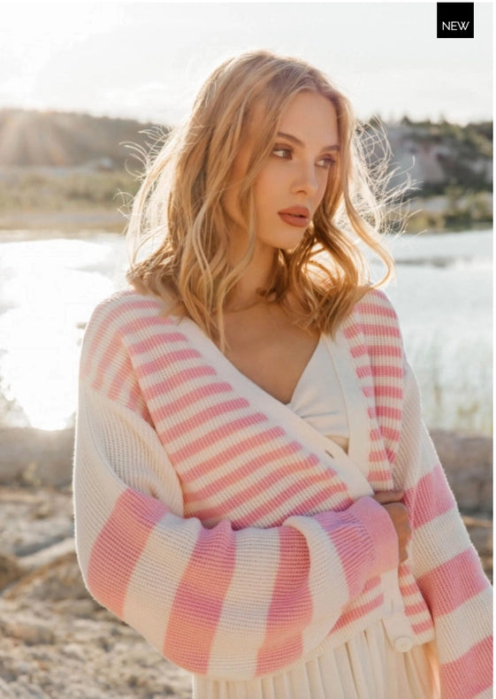 Striped V-Neck Button Front Cardigan Milk/Pink-Cardigan-Nenya Fashion Limited-XS/S-Milk/Pink-Urbanheer