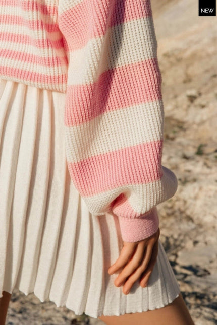 Striped V-Neck Button Front Cardigan Milk/Pink