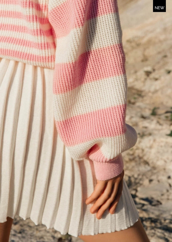 Striped V-Neck Button Front Cardigan Milk/Pink