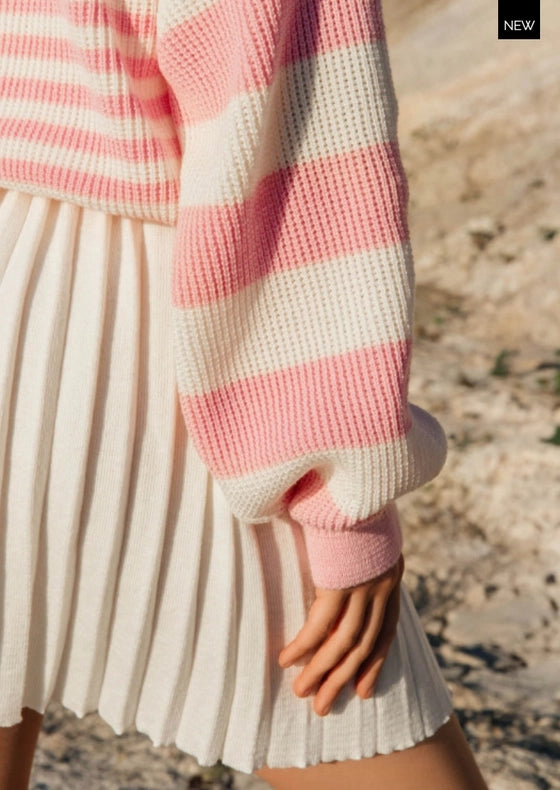 Striped V-Neck Button Front Cardigan Milk/Pink-Cardigan-Nenya Fashion Limited-XS/S-Milk/Pink-Urbanheer