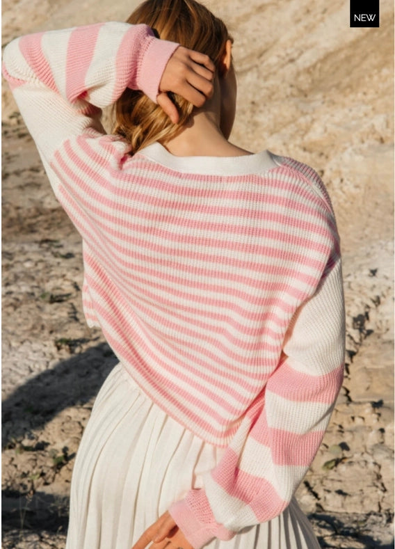 Striped V-Neck Button Front Cardigan Milk/Pink-Cardigan-Nenya Fashion Limited-XS/S-Milk/Pink-Urbanheer