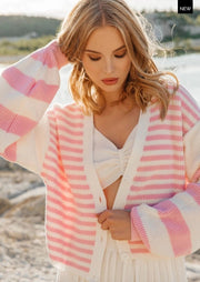 Striped V-Neck Button Front Cardigan Milk/Pink-Cardigan-Nenya Fashion Limited-XS/S-Milk/Pink-Urbanheer