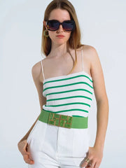Striped White and Green Top with Square Neckline-Top-Q2-S-Green-Urbanheer