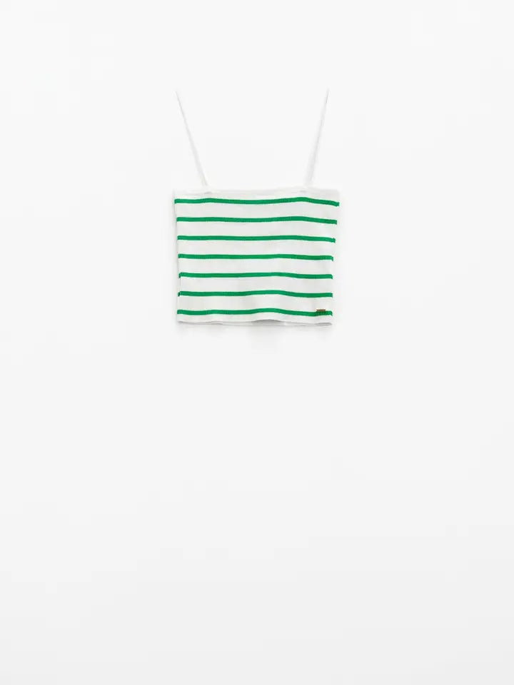 Striped White and Green Top with Square Neckline-Top-Q2-S-Green-Urbanheer