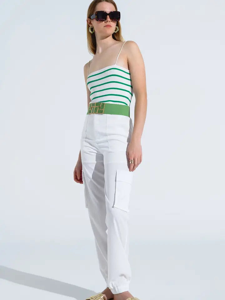 Striped White and Green Top with Square Neckline-Top-Q2-S-Green-Urbanheer