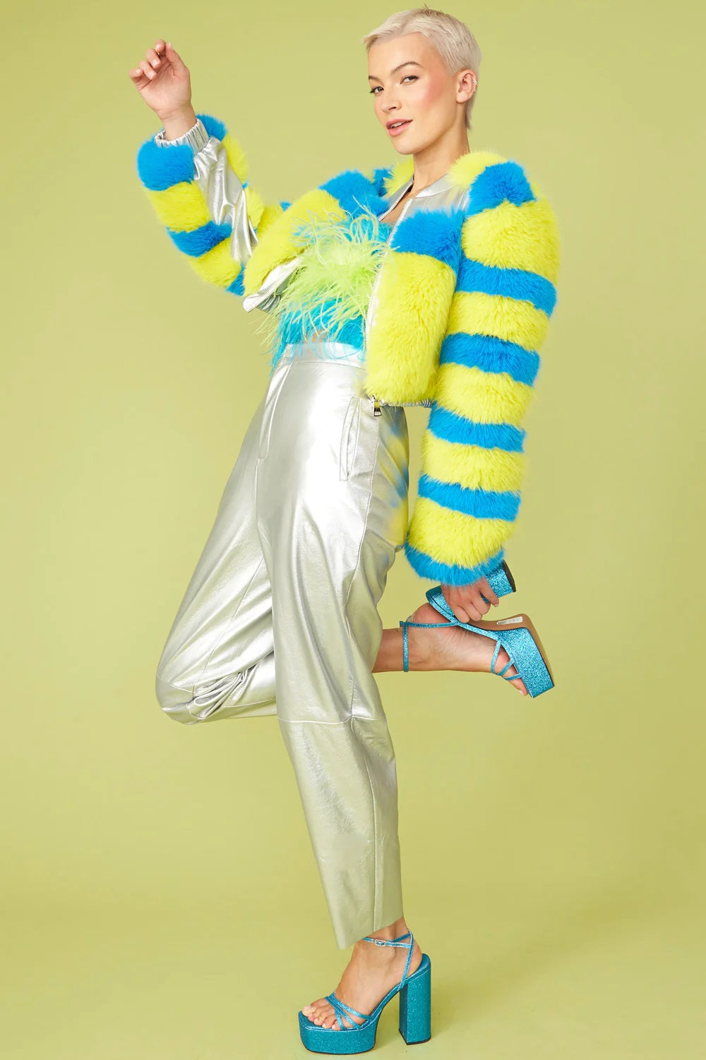 Striped Yellow Faux Fur Cropped Bomber Jacket-Jackets & Blazers-Buy Me Fur Ltd-S-M-Yellow-Faux Fur-Urbanheer