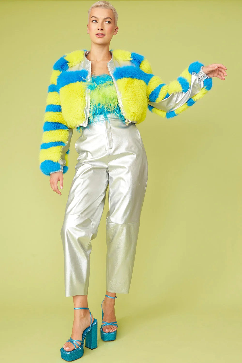 Striped Yellow Faux Fur Cropped Bomber Jacket-Jackets & Blazers-Buy Me Fur Ltd-S-M-Yellow-Faux Fur-Urbanheer