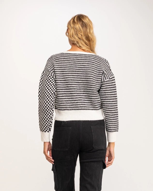 Striped And Checkered Cardigan-Style Short Jacket With Buttons Black-Jacket-Tantra-YOUR-Urbanheer